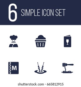 Set Of 6 Cafe Icons Set.Collection Of Alcohol, Vermicelli, Canape And Other Elements.
