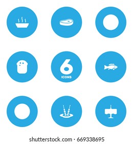 Set Of 6 Cafe Icons Set.Collection Of Baguette, Meat, Broth And Other Elements.