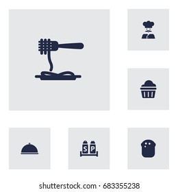 Set Of 6 Cafe Icons Set.Collection Of Baguette, Vermicelli, Muffin And Other Elements.