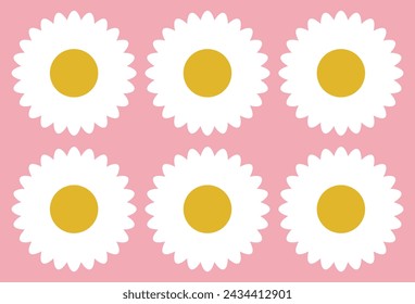 Set de 6 manzanillas. Icono de manzanilla margarita blanca. Linda colección de plantas de flores redondas. Símbolo de tarjeta de amor. Concepto creciente. Diseño plano. fondo rosa. Ilustración vectorial. Archivo Eps 116.