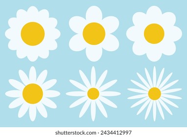 Set of 6 Camomile set. White daisy chamomile icon. Cute round flower plant collection. Love card symbol. Growing concept. Flat design. sky background. Vector illustration. Eps file 119