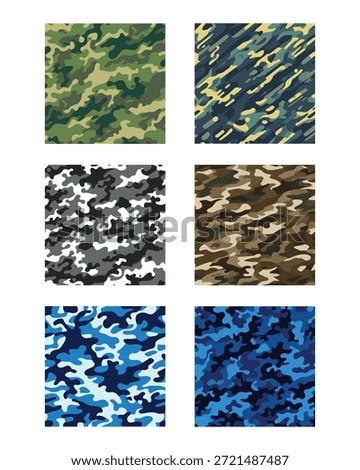 Set of 6 Camouflage Seamless Patterns Vector. Military Army Collection. Woodland Forest, Urban, Navy and Modern Diagonal Rain Camo. Abstract Tactical Backgrounds for Fashion, Print and Textile.
