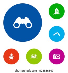 Set Of 6 Camping Icons Set.Collection Of Map, Bbq, Optical Zoom And Other Elements.
