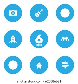 Set Of 6 Camping Icons Set.Collection Of Signpost, Acoustic, Inflatable Raft And Other Elements.