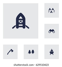 Set Of 6 Camping Icons Set.Collection Of Optical Zoom, Tree, Bbq And Other Elements.