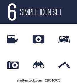 Set Of 6 Camping Icons Set.Collection Of Kettle, Jackknife, Map And Other Elements.