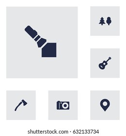 Set Of 6 Camping Icons Set.Collection Of Location, Flashlight, Photo Camera And Other Elements.