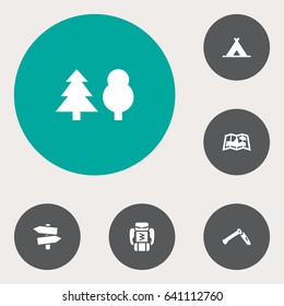 Set Of 6 Camping Icons Set.Collection Of Signpost, Map, Tree And Other Elements.