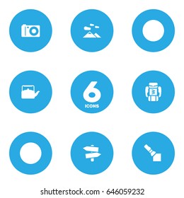Set Of 6 Camping Icons Set.Collection Of Signpost, Kettle, Backpack And Other Elements.