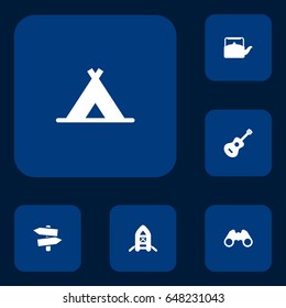 Set Of 6 Camping Icons Set.Collection Of Signpost, Kettle, Inflatable Raft And Other Elements.
