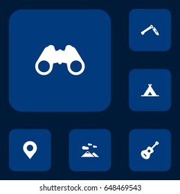 Set Of 6 Camping Icons Set.Collection Of Jackknife, Optical Zoom, Tent And Other Elements.