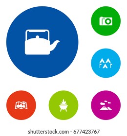 Set Of 6 Camping Icons Set.Collection Of Camp, Kettle, Landscape Elements.