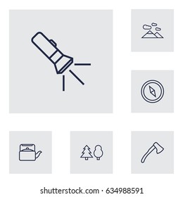 Set Of 6 Camping Outline Icons Set.Collection Of Pocket Torch, Compass, Ax And Other Elements.