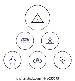 Set Of 6 Camping Outline Icons Set.Collection Of Binoculars, Bonfire, Grill And Other Elements.
