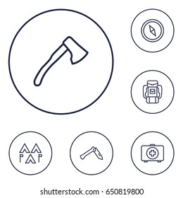 Set Of 6 Camping Outline Icons Set.Collection Of Penknife, Medical Kit, Ax And Other Elements.