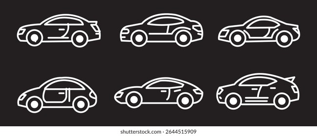Set of 6 car icon vector illustration with white background. Side view modern and sports car icon collection