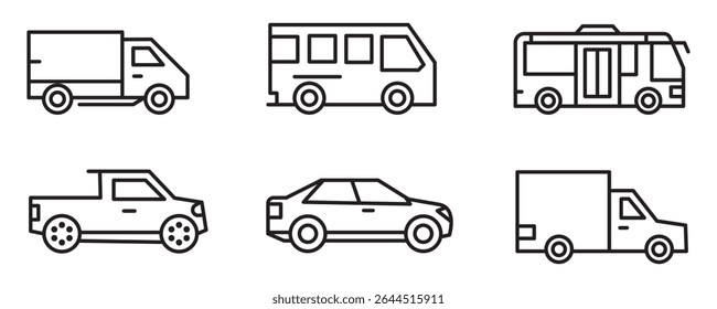 Set of 6 car icon vector illustration with white background. Side view modern and sports car icon collection