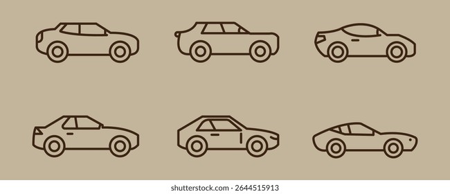 Set of 6 car icon vector illustration with white background. Side view modern and sports car icon collection