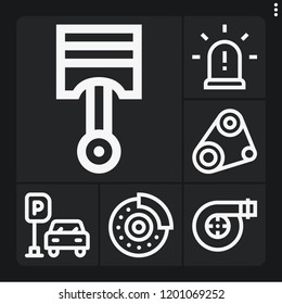 Set of 6 car outline icons such as siren, timing belt, disc brake, air filter, pistons