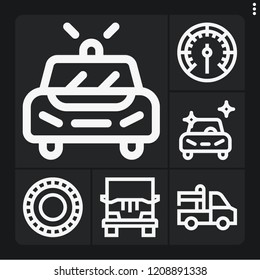 Set of 6 car outline icons such as clean car, police car, gauge, delivery truck, tyre