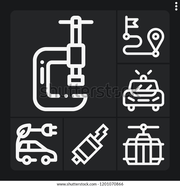Set of 6 car outline icons such as clamp, electric\
car, exhaust pipe