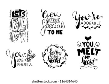 Set of 6 Card Posters Typography lettering designs. Hand drawn lettering phrase. Modern motivating calligraphy decor. Scrapbooking or journaling card with quote.