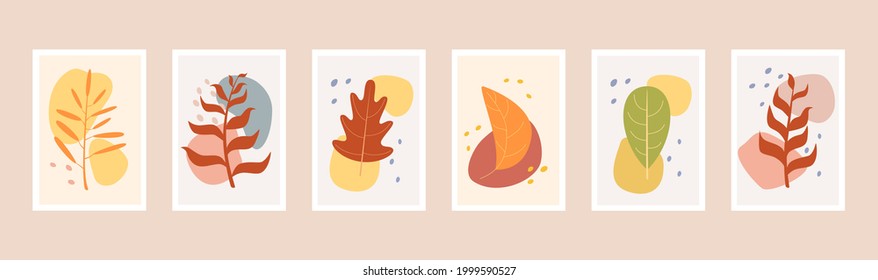 Set of 6 cards with autumn leaves and abstract shapes. Isolated. Fall season. Pastel palette of color. Red, brown, yellow, orange, green.
