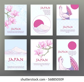 Set of 6 cards or banners with Japanese tradition symbols, flowers and patterns. Vector stock illustration.