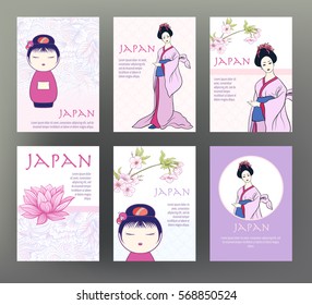 Set of 6 cards or banners with Japanese tradition symbols, flowers and patterns. Vector stock illustration.