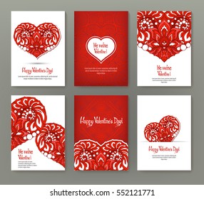 Set of 6 cards or banners for Valentine's Day with ornate red love hearts and beautiful design elements and inscriptions. Stock vector.