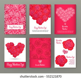 Set of 6 cards or banners for Valentine's Day with ornate red love hearts, red roses and beautiful design elements and inscriptions. Stock vector.