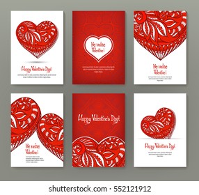 Set of 6 cards or banners for Valentine's Day with ornate red love hearts and beautiful design elements and inscriptions. Stock vector.