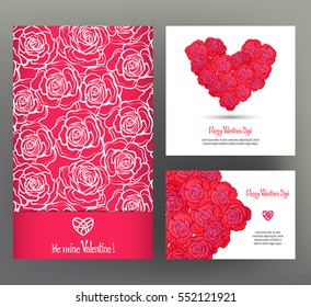 Set of 6 cards or banners for Valentine's Day with ornate red love hearts, red roses and beautiful design elements and inscriptions. Stock vector.