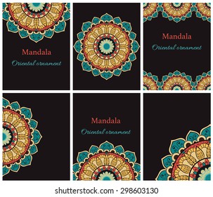 Set of 6 cards or invitations with mandala. Hand-drawn  highly detailed round elements. Vector vintage decorative elements. Islam, Arabic, Indian, Turkish, Ottoman, Pakistan motifs.