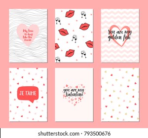 Set of 6 cards for valentine's day. Hand drawn posters. Greeting vector card for Valentine's Day with lettering. Pattern with color hearts. February 14