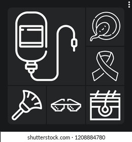 Set of 6 care outline icons such as duster, glasses, skin, transfusion, fertilization