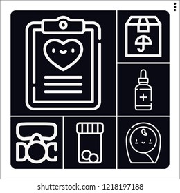 Set of 6 care outline icons such as respirator, package, drugs, medicine, test