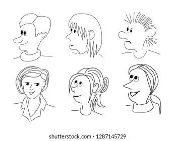 Set of 6 caricature faces, various facial expression comic cartoon style. Vector illustration isolated on white background