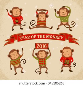 Set of 6 Cartoon Chinese Zodiac Monkeys - 2016 New Year Symbol. Vector illustration.