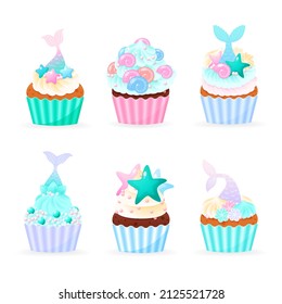 Set of 6 cartoon cupcake icons. Illustrations of birthday sweet muffins decorated with cream, sea shells, star fish, pearls and mermaid tails. Vector 10 EPS.