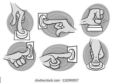 Set of 6 cartoon style hands, pushing a button in grayscale.