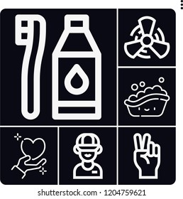 Set of 6 caucasian outline icons such as fan, employee, tooth brush, hand, affection