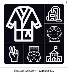 Set of 6 caucasian outline icons such as conversation, vacuum, hand, university, bathrobe