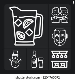 Set of 6 celebration outline icons such as beer, cocktail, snowman, mask, bar