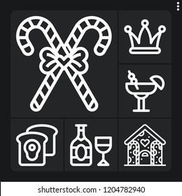 Set of 6 celebration outline icons such as hat, gingerbread house, candy cane, champagne, toast