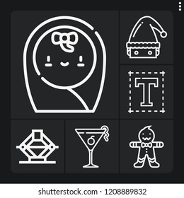 Set of 6 celebration outline icons such as cosmopolitan, gingerbread man, santa hat, font, jack