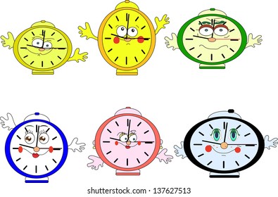 Set from 6 cheerful multi-colored alarm clocks. Vector illustration 10 EPS.
