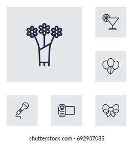 Set Of 6 Cheerful Outline Icons Set.Collection Of Balloon, Video, Cocktail And Other Elements.