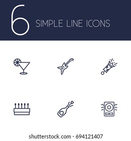Set Of 6 Cheerful Outline Icons Set.Collection Of Amplifier, Pastry, Cocktail And Other Elements.