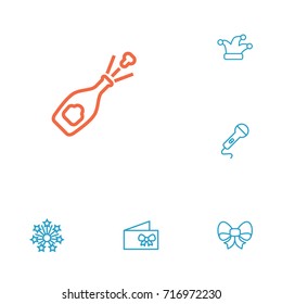 Set Of 6 Cheerful Outline Icons Set.Collection Of Alcohol, Card, Bow And Other Elements.